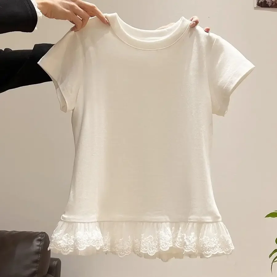 Pure Desire Lace Lace Hem Round Neck Short Sleeved T-Shirt for Women In Spring and Summer Small Fragrance Style