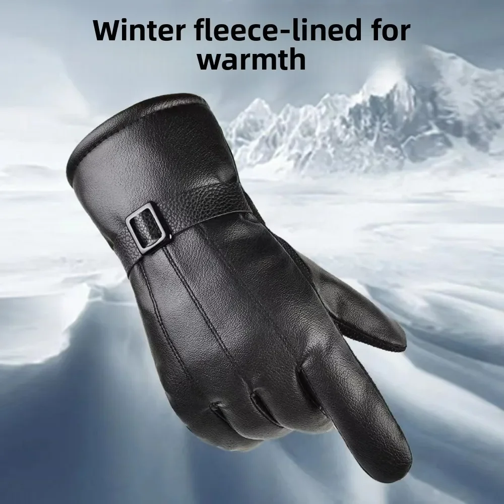 Men Winter Leather Gloves Warm Cotton Padded Waterproof Windproof Electric Bike Motorcycle Riding Sport Mittens