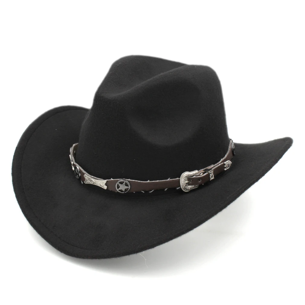 Cappello da cowboy occidentale da uomo da donna a tesa larga con cintura in pelle Costume da cowgirl Cappelli stile Fedora Chapeau per feste in maschera di compleanno