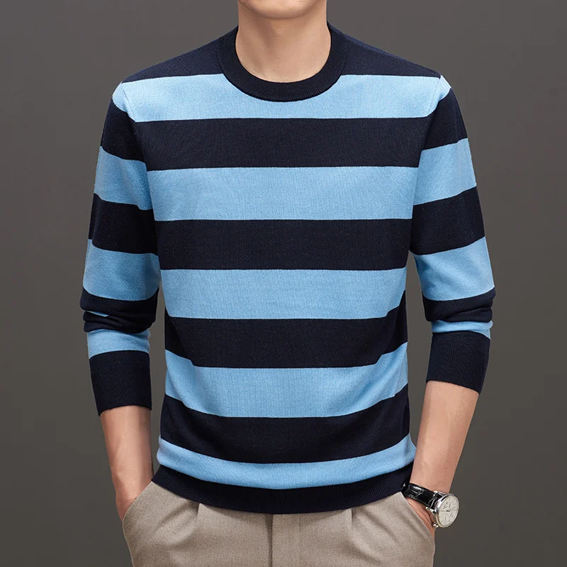 O-Neck Striped Knitted Sweater For Men Contain Silk British Style Autumn New Quality Soft Comfortable Pullovers Sueter Masculino