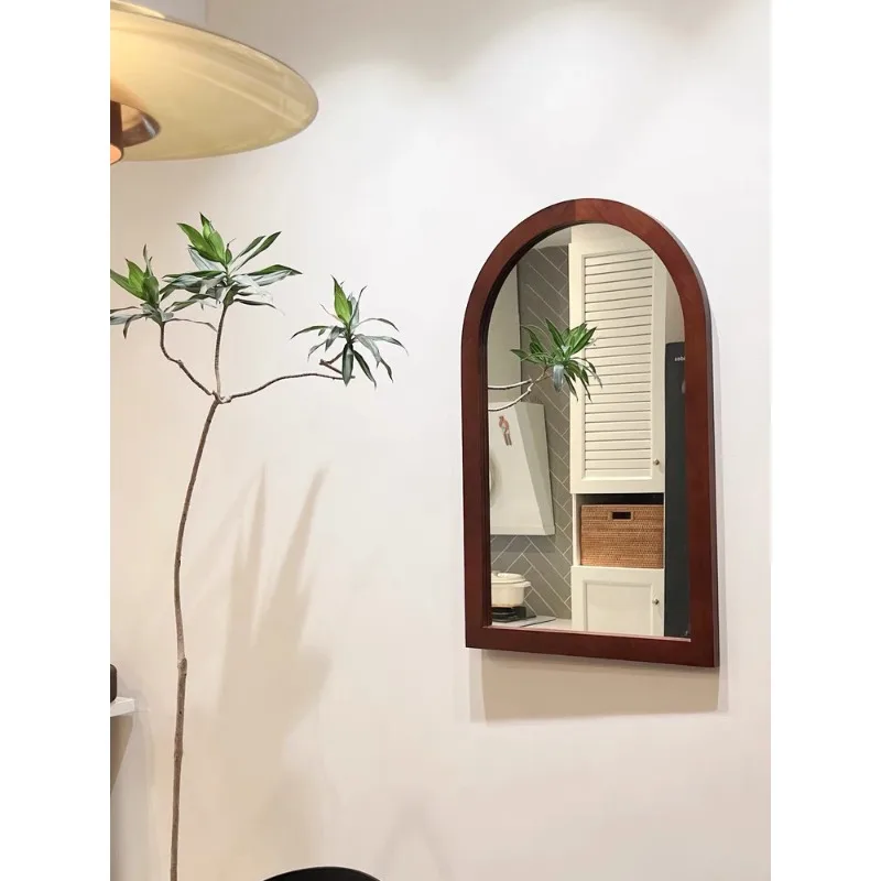 

Retro bedroom makeup mirror Nordic modern girl bathroom restaurant dressing mirror Solid wood hanging mirror