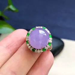 Natural High Ice Violet Chalcedony Large Egg Face Ring Silver Inlaid Surrounding Diamonds Exquisite Romantic Ladies Jewelry