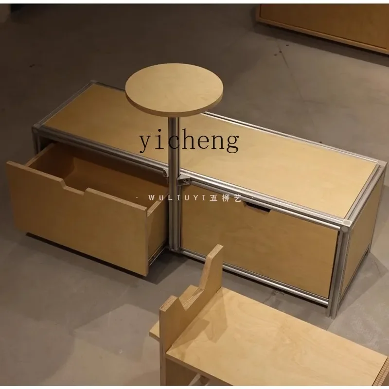 W5.14 Aluminum Profile Cafe Long Bench with Drawers Storage Cabinet Table and Chair Set