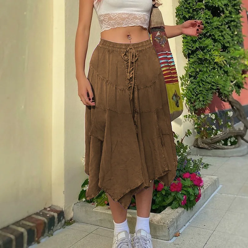 

Woman Clothes Skirt New Lace-up Pleated Skirt With Irregular Hem Long Skirt Women Clothing Trend 2025 Vintage Clothes Y2k Skirt