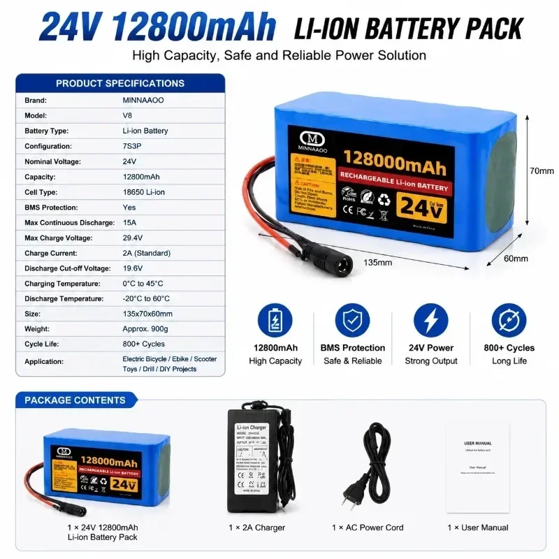 High Capacity 24V 100Ah Lithium Battery for Wheelchairs 7S3P 18650 100000mAh Rechargeable Pack with 29.4V 2A Fast Charger