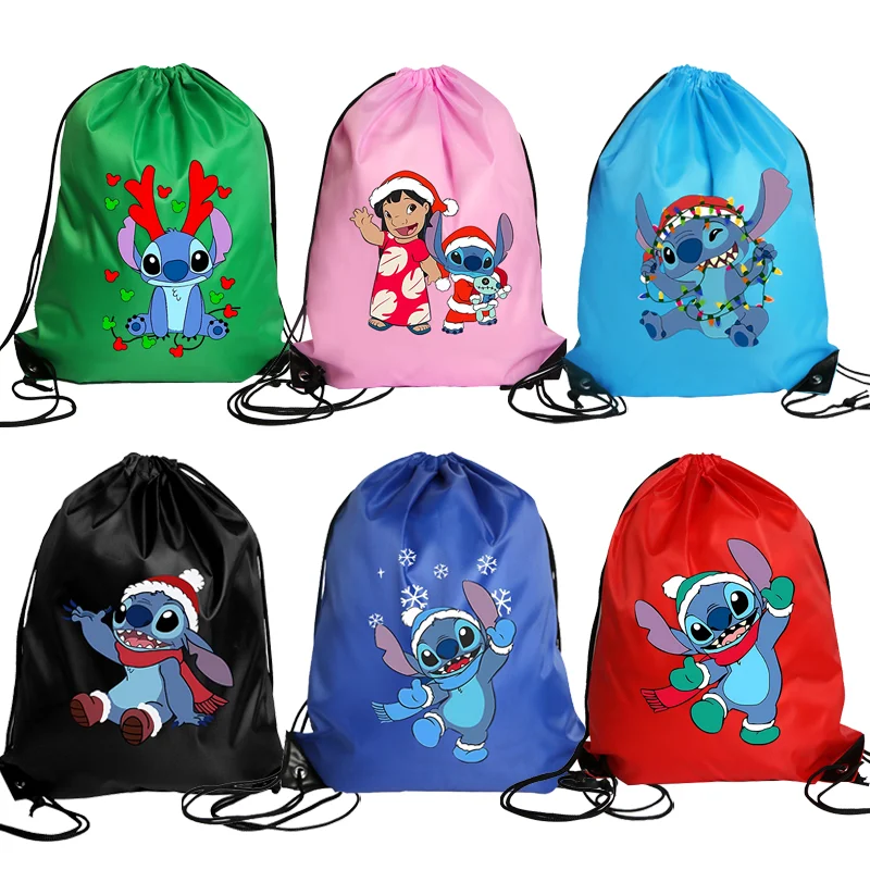 Stitch Watertight Shopping Knapsack Disney Tote Bag Drawstring Pockets Character Print Large Capacity Drawstring Bags Christmas