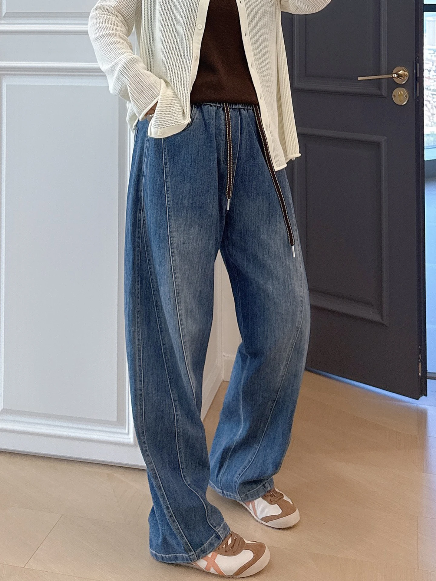 

Ретро джинсы с широкими штанинами и высокой талией, мягкие, эластичные, больших размеров, для женщин, удобные, модные, в стиле «папины джинсы»