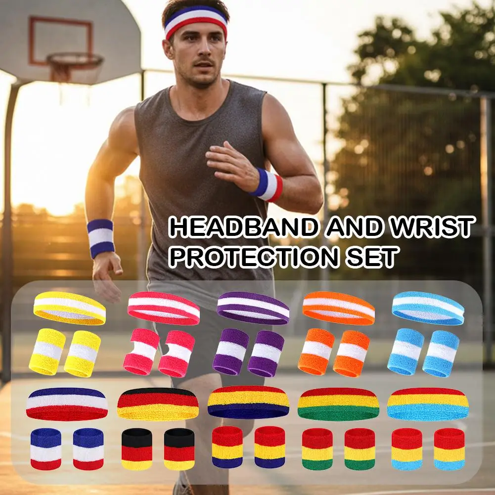 Sweat Absorbing Headband & Wristband Set, Moisture Wicking Sports Towel Head Wrap for Basketball Tennis Badminton