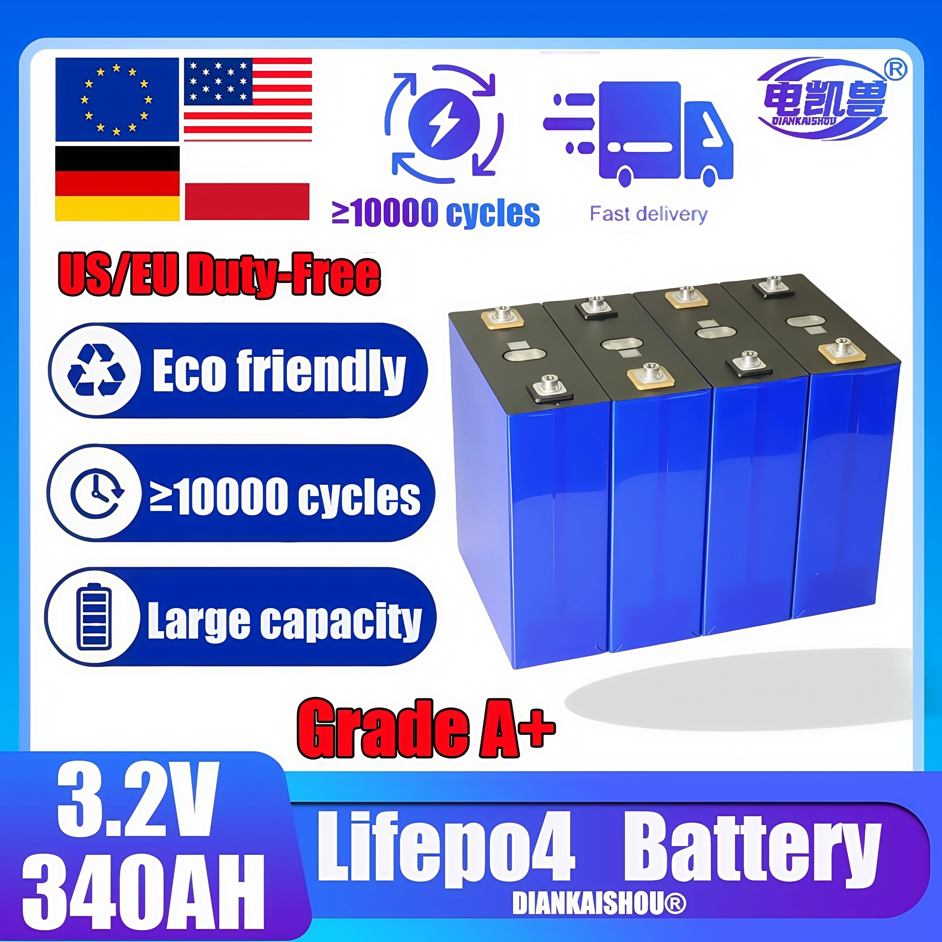 

A-Grade 3.2V 340Ah 320Ah LiFePO4 Rechargeable Battery 8000 10000 Cycle for DIY RV Electric Vehicle Solar System golf 12V 24V 48V
