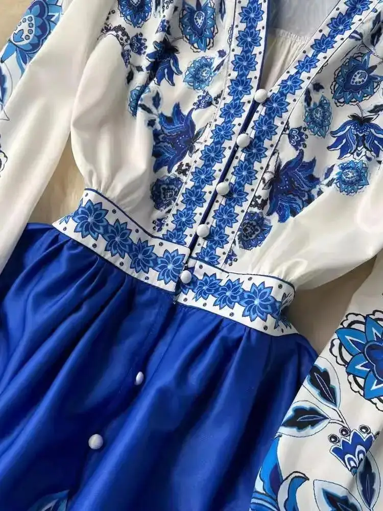 Vestido largo con volantes y estampado barroco de manga larga acampanada para mujer, vestido Vintage de otoño con cuello en V y una hilera de botones, vestido de flores