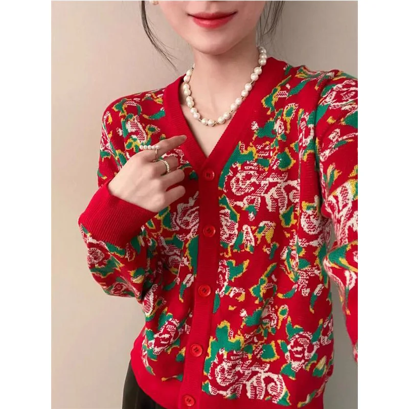 Ladies Trend Fashion Floral V-neck Long Sleeve Knitting Cardigan Women Clothes Vintage Buttons Slim Sweater Coat Autumn Top Tee