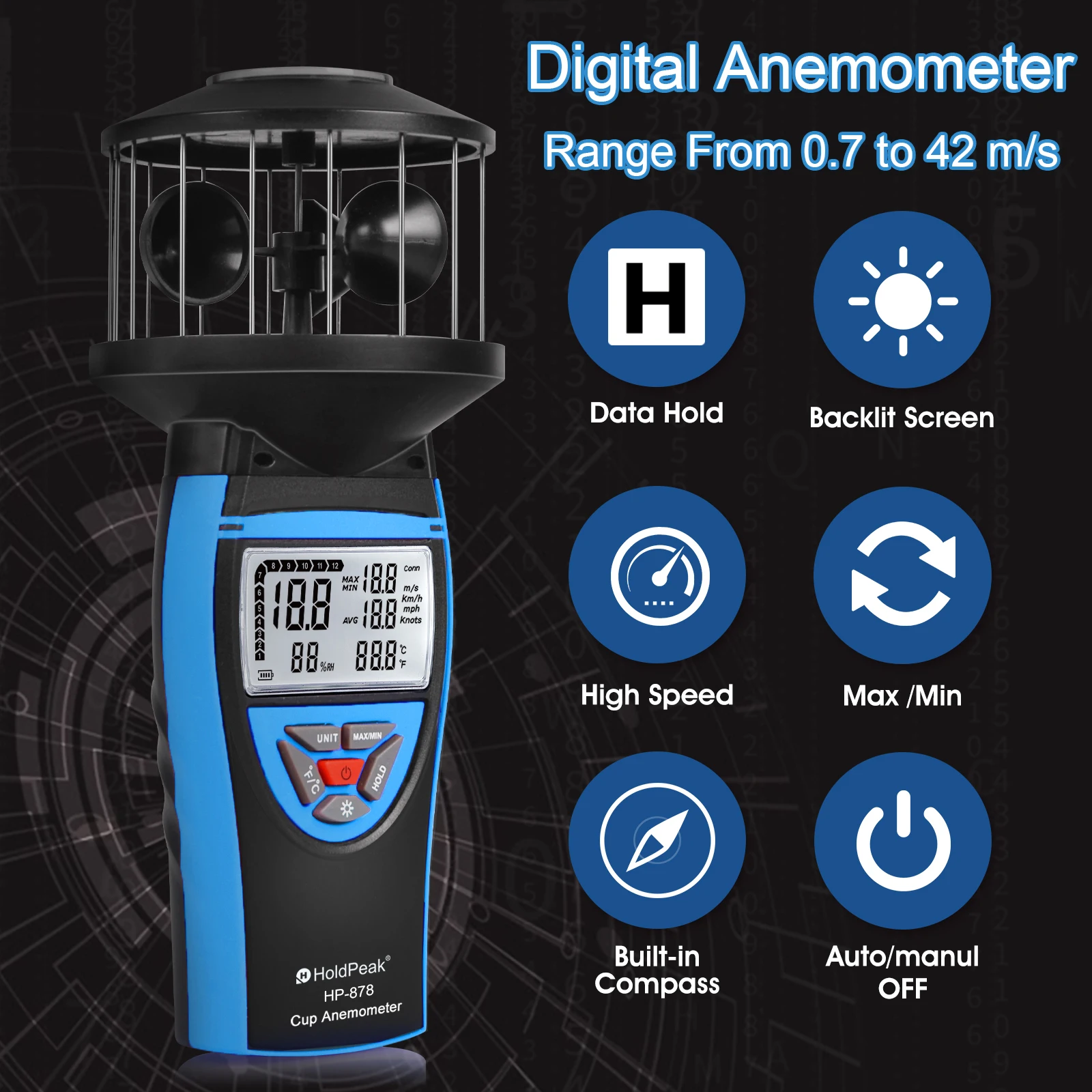 

Range From 0.7 to 42 m/s, Anemometer With Temperature Measurement HP-878 Suitable Windsurfing ,Kite Flying ,Shooting Environment