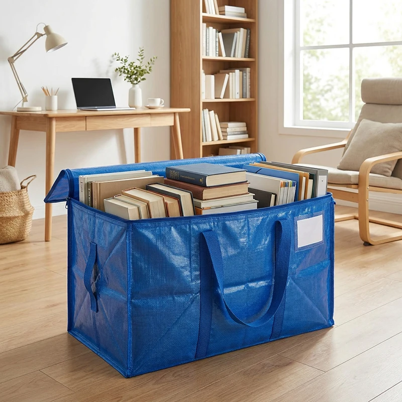 Heavy Duty Reusable Blue PE Woven Storage Bag Large Capacity Zippered Organizer with Label Window for Bedding, Garments & Moving