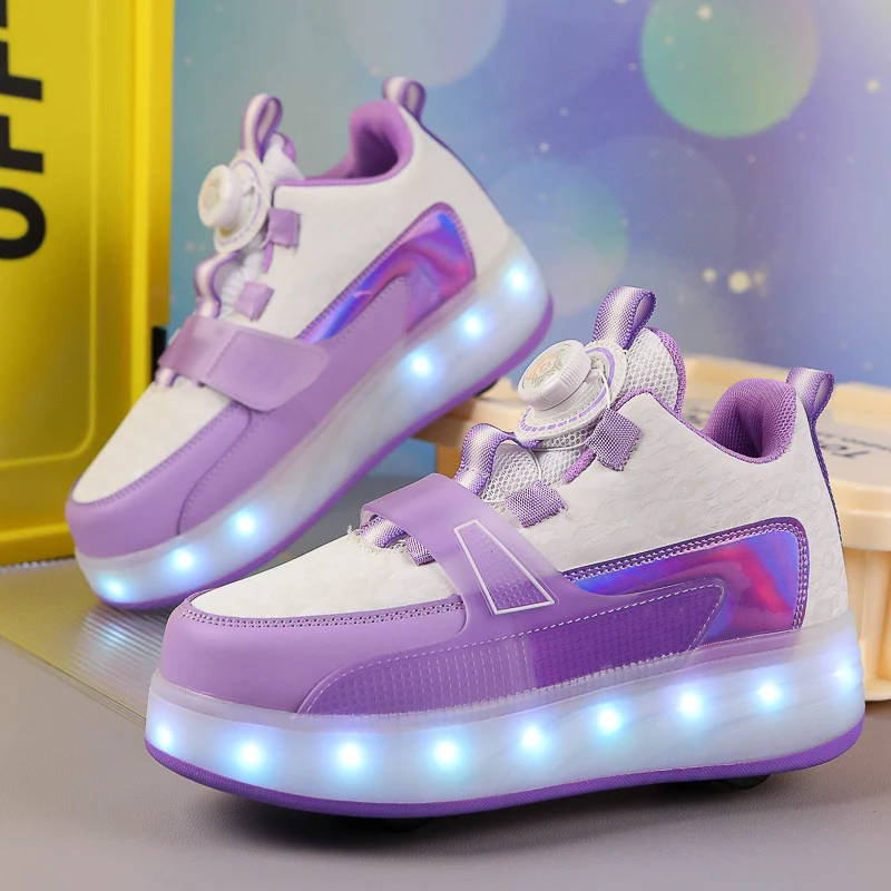 Trend Kids 4 ruote Roller Skate Shoes for Boys Girls fibbia girevole LED Light Luminous Sneakers Outdoor scarpe Casual per bambini