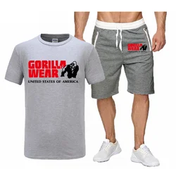 Ropa Deportiva de dos piezas para hombre, camiseta informal de manga corta y pantalones cortos Brawstring Gorilla, nuevo traje de algodón de verano