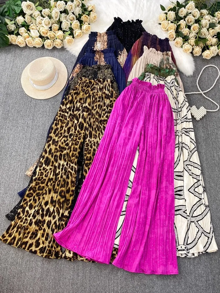 

Лето 2025 г., повседневные брюки, женские брюки с высокой талией, популярные модные широкие брюки со стразами, базовые простые однотонные плиссированные расклешенные брюки