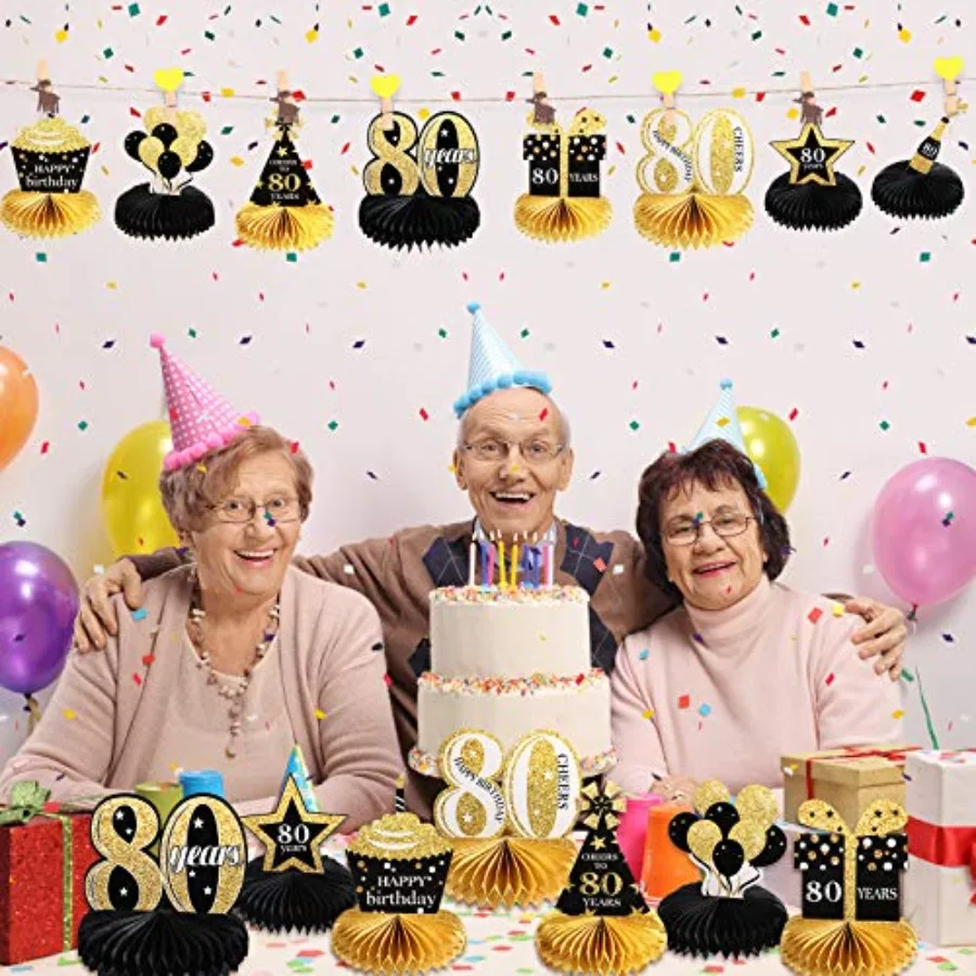 8 قطع من زينة طاولة عيد الميلاد الثامنين للرجال والنساء قطع مركزية على شكل قرص العسل السعيد 80th الذهب الأسود لتزيين 80 عامًا