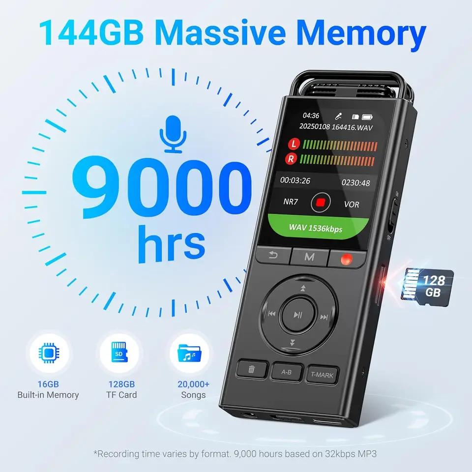 144GB (16GB+128GB) Digital Voice Recorder with Playback: Voice