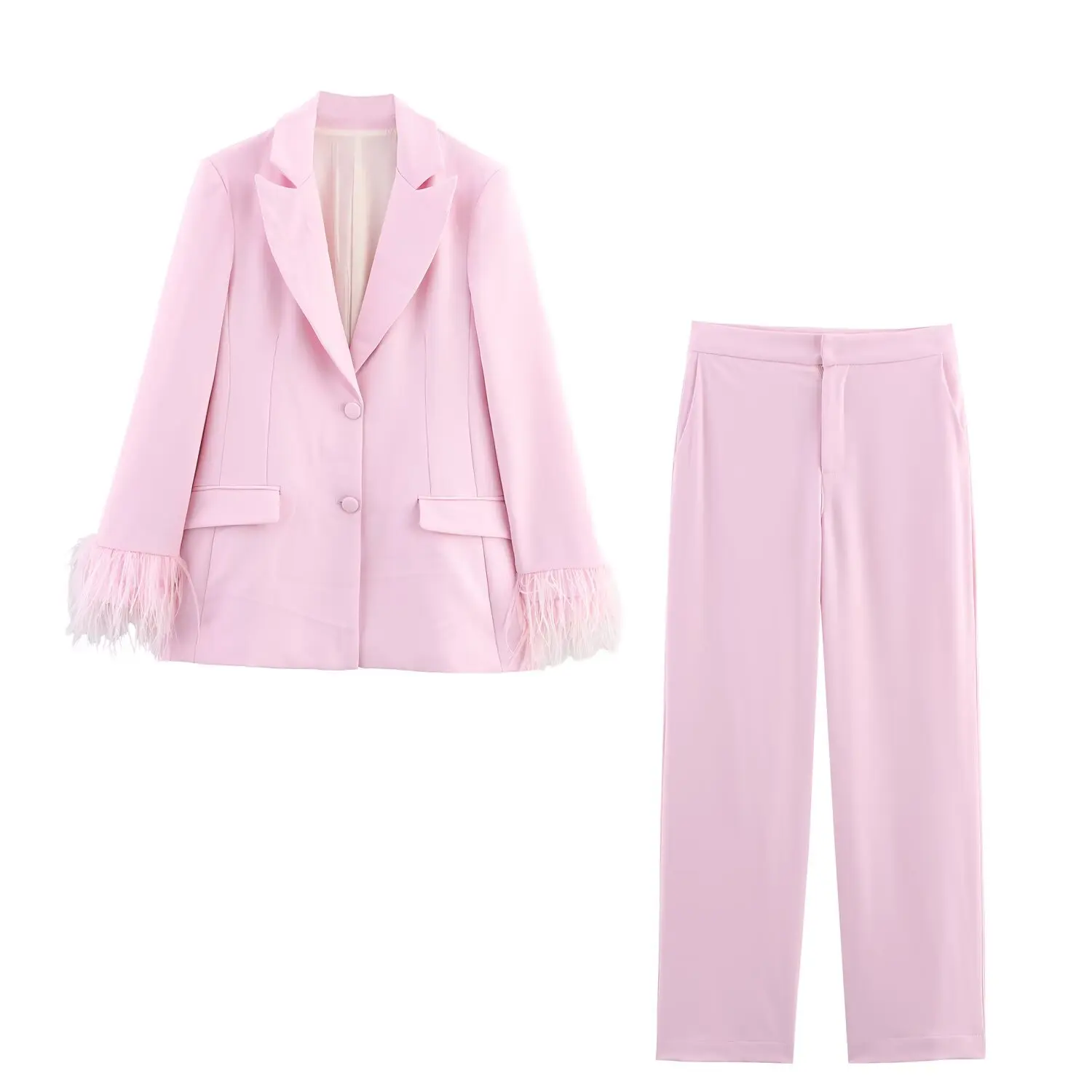 2025 Women's Pink Suit Suit Lapel Long Sleeve Single Breasted Blazer + Fashionable High Waisted Pocket Zip Trousers