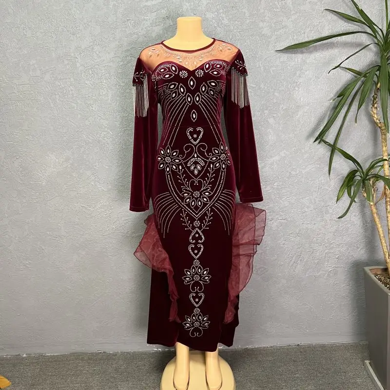 Robe de Soirée en Velours pour Femme, Tenue Élégante, Coupe Cintrée, Manches sulf, Perles, Bal de Promo, Taille Haute, Style Africain, Turquie