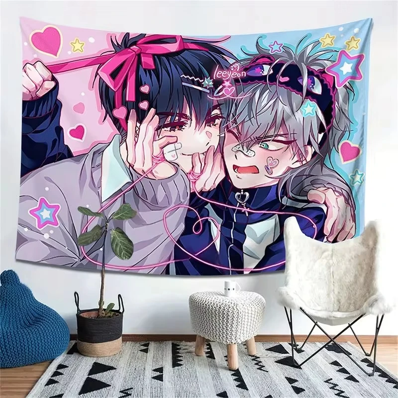 Double Male Leader Han Man Anime Tapestry, Pink Blue Sweet Cool Cute Wall Hanging for Girls Room Bedroom Dorm Decor Gift