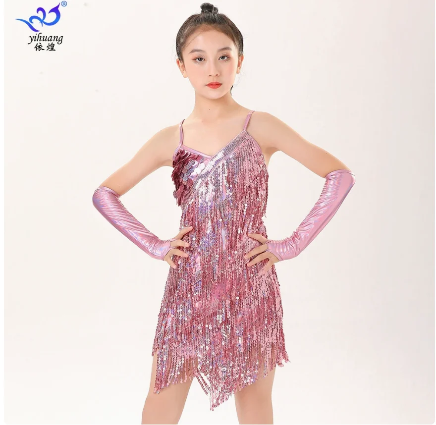 1pcs/lot sequin latin dress kid sexy halter tassel latin dress girls ballroom dancing dress 4colors