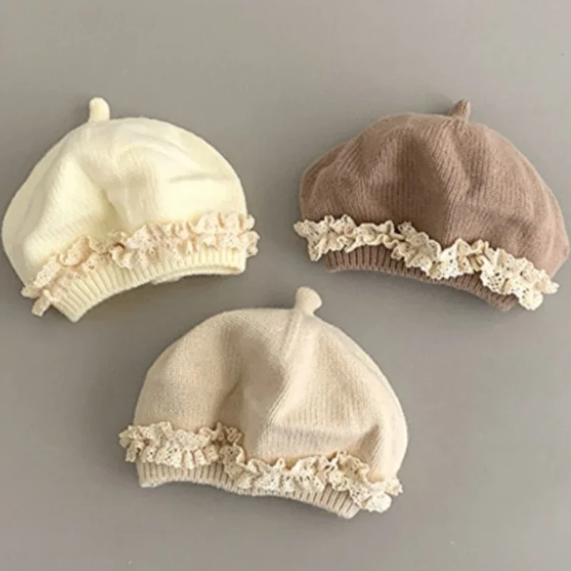 6-30M Baby Hat Girls Fashion 2024 Autumn Winter Versatile Soft Cotton Knitted Baby Beret Lace Ruffled Children's Pullover Hats