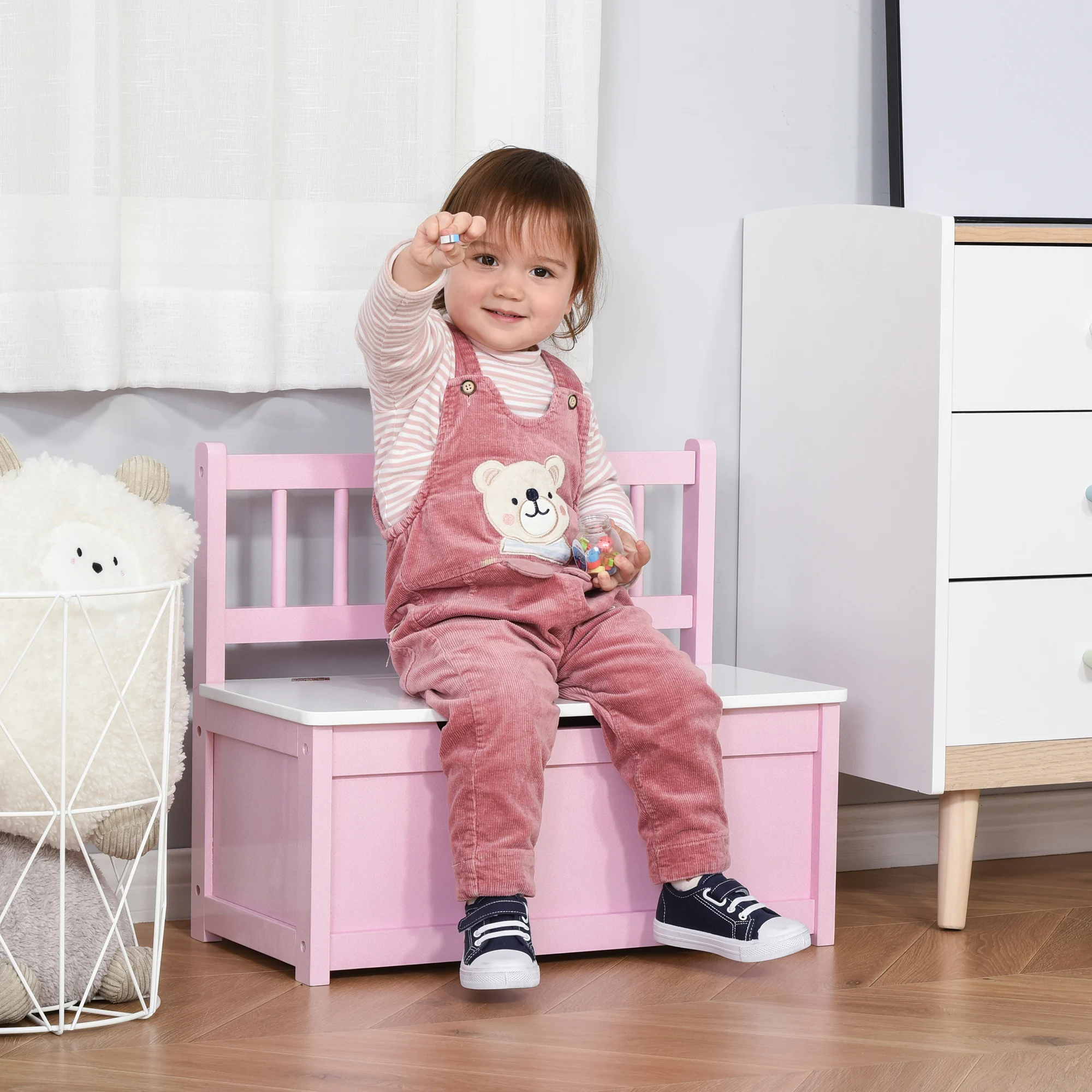 Kids 2-in-1 Wooden Toy Storage Box Seat Bench Storage Chest w/ Pneumatic Rod