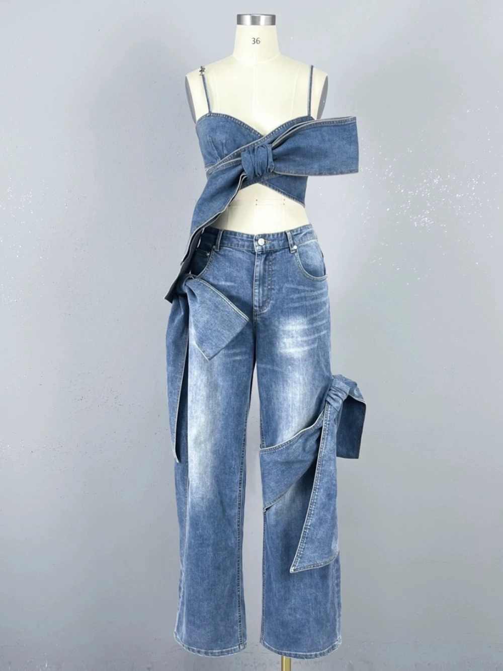 Haut court en denim à bandes croisées pour femmes, camisoles taille haute, jambe large, jean droit, streetwear sexy, mode, nouveau, ensemble 2 pièces, 2024