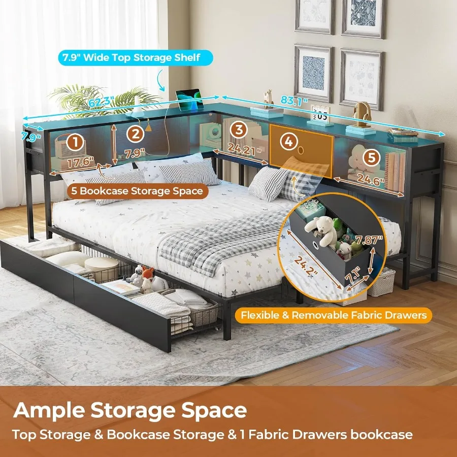 إطار سرير زاوية كاملة مع تخزين خزانة كتب مدمجة وتصميم سرير بمنصة معدنية بإضاءة LED للحجم الكامل مع إضافي