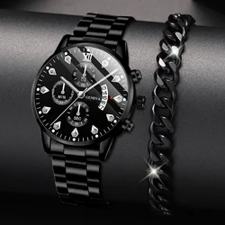 2PCS Black New Popular Watches Fashion Men's Casual Watches Luxury Calendar Quartz Watches Business Watches Men's Clocks