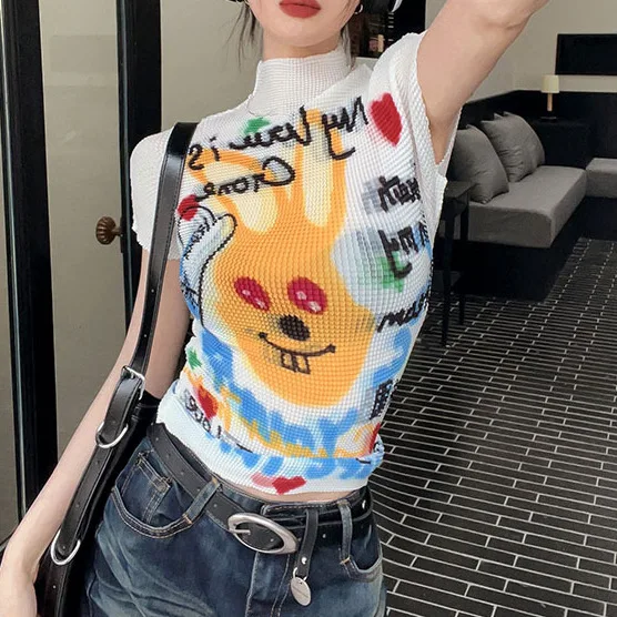 Printed Atmosphere Short Sleeve Top Women's Summer Hong Kong Style Retro Graffiti T-shirt Trend  harajuku  vintage