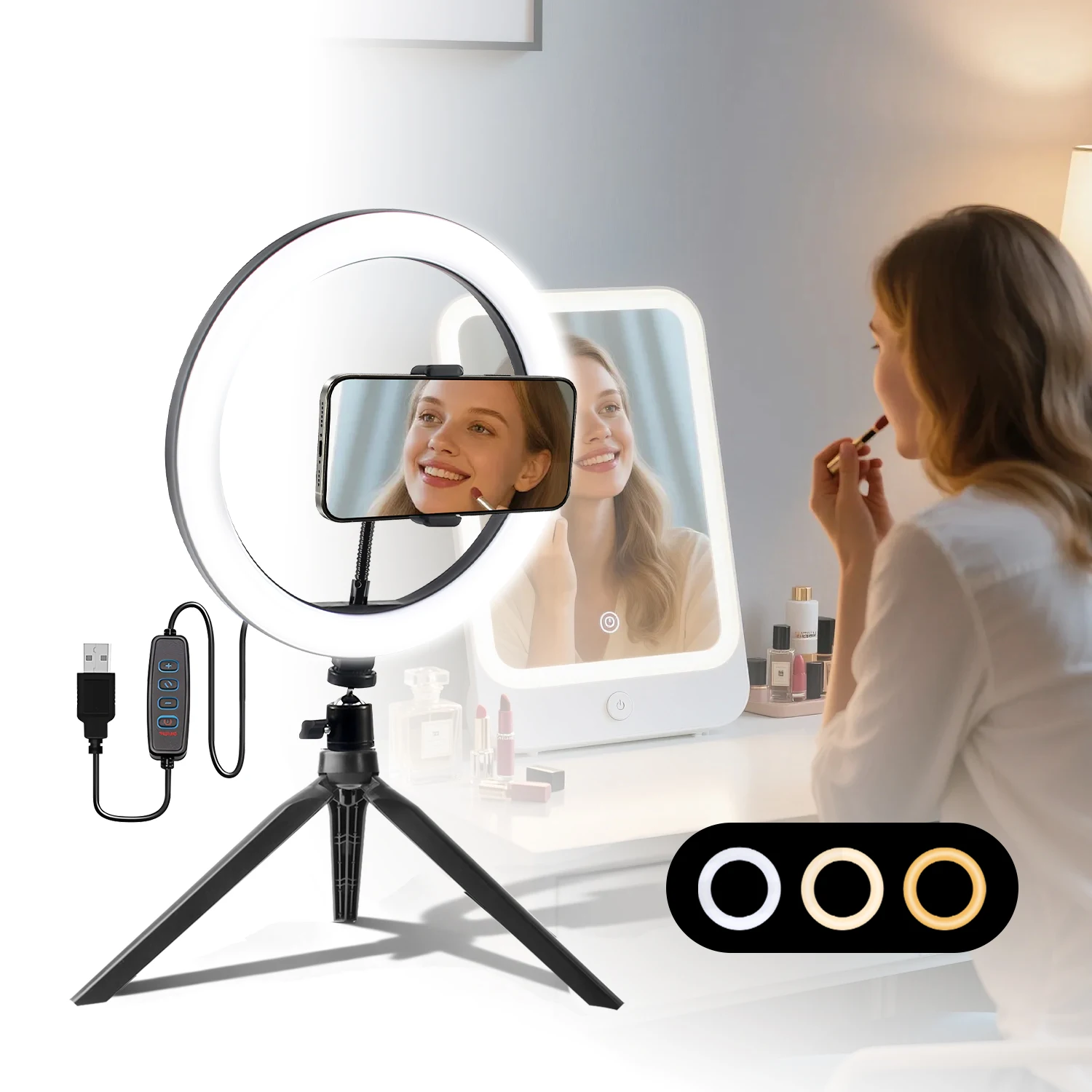 

Selfie Ring Light 12" with Tripod Stand and Phone Holder, LED Ring Light for Desk with 3 Light Modes & 10 Brightness Level