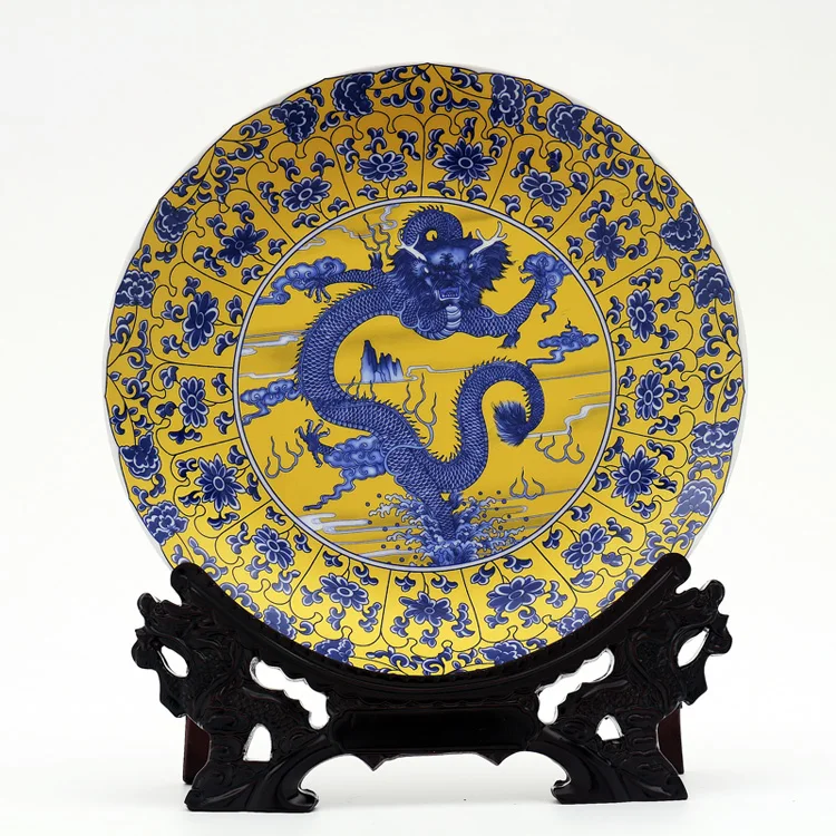 Home living room TOP talisman # Exorcise evil spirits Totem royal Flying dragon FENG SHUI porcelain plate Ornament business art