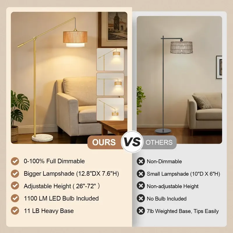 Upgraded Boho Dimmable Floor Lamp with Adjustable Swing Arm 1100 Lumens Bulb Included Modern Standing Lamp with Rattan Fabric