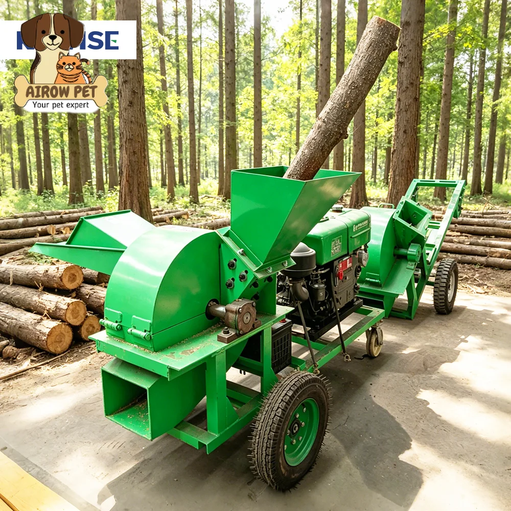 AIROW Wood Crusher Machine with Two Feed Inlets for Logs Branches Board Scraps and Biomass Material Processing CE Certified