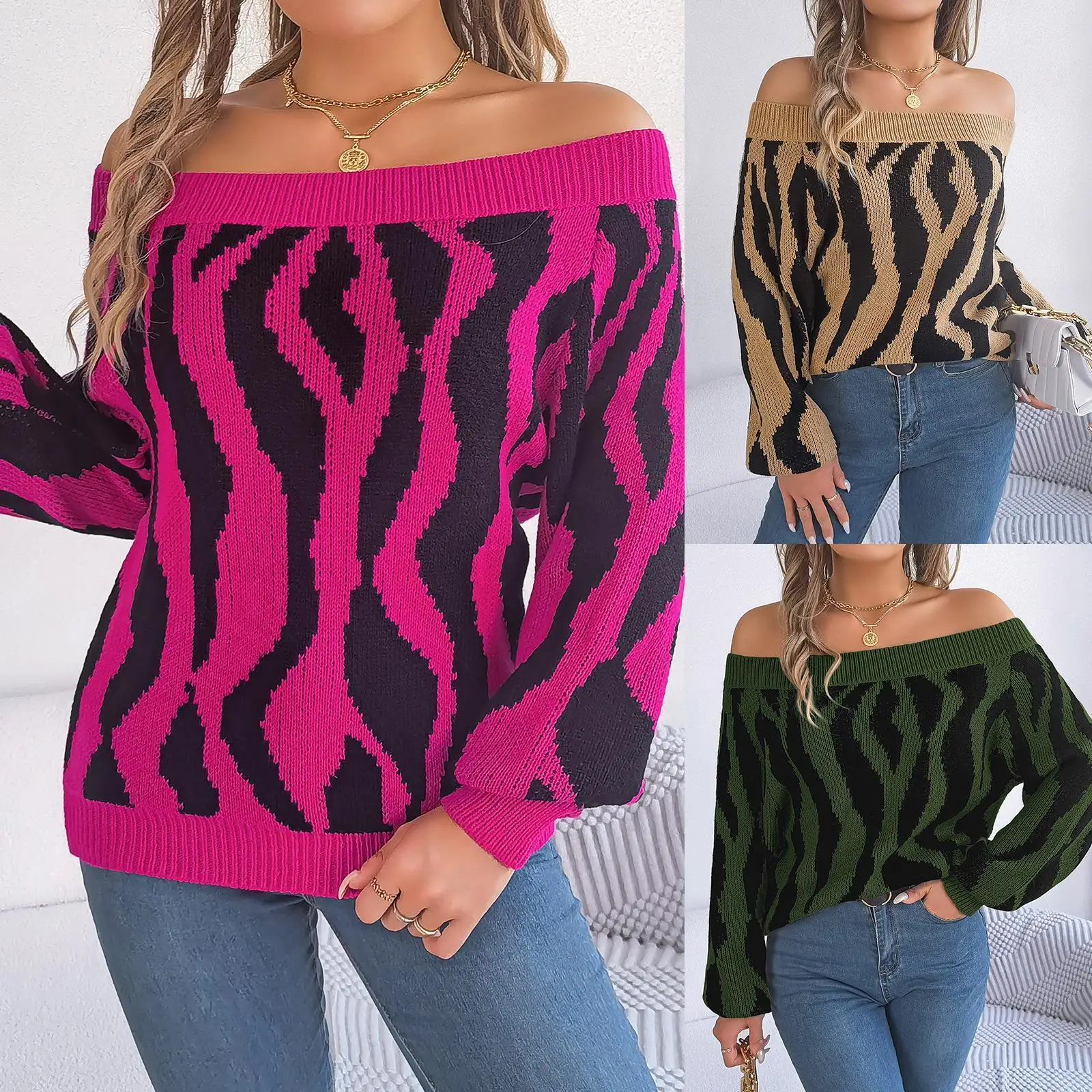 

Autumn Winter Casual Color Blo oulder Lantern Sve Sweater Independent Station Cross Border Women's Faion Top