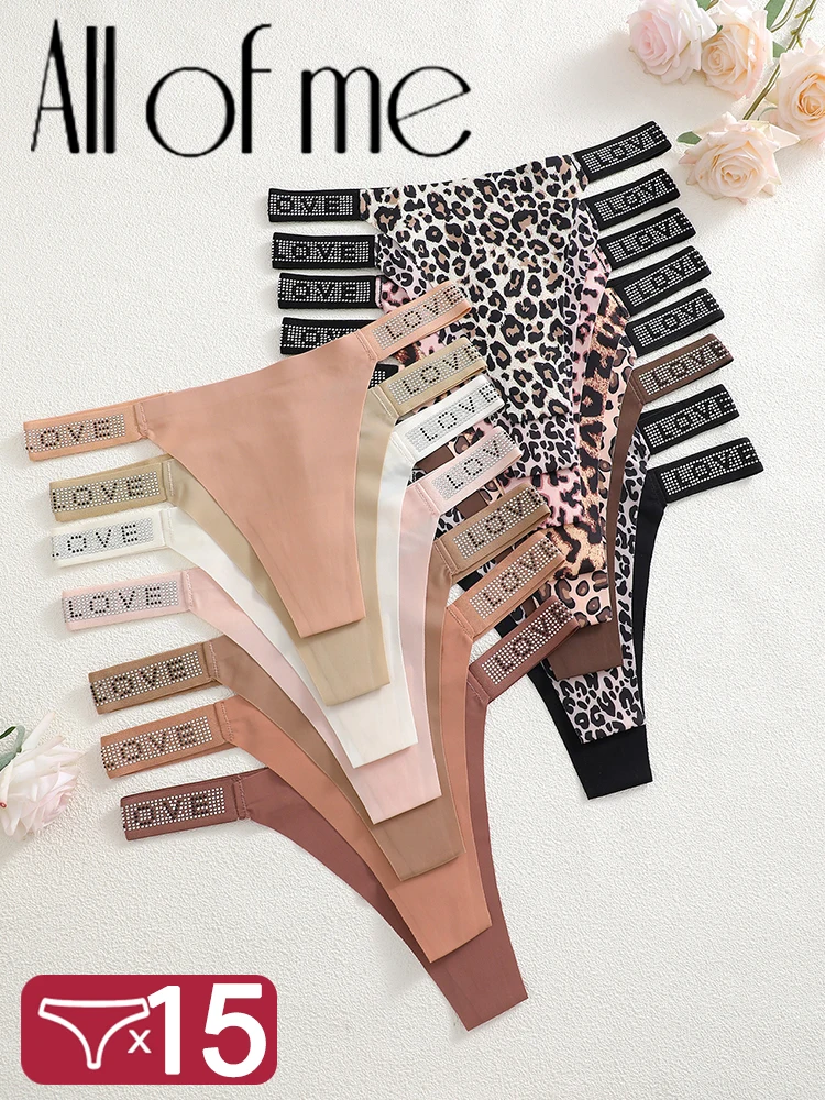 15PCS Shiny Diamond Sexy Thongs for Women Ice Silk Seamless Panties Ladies Leopard G-String Sexy Lingerie Low Waist Underpant