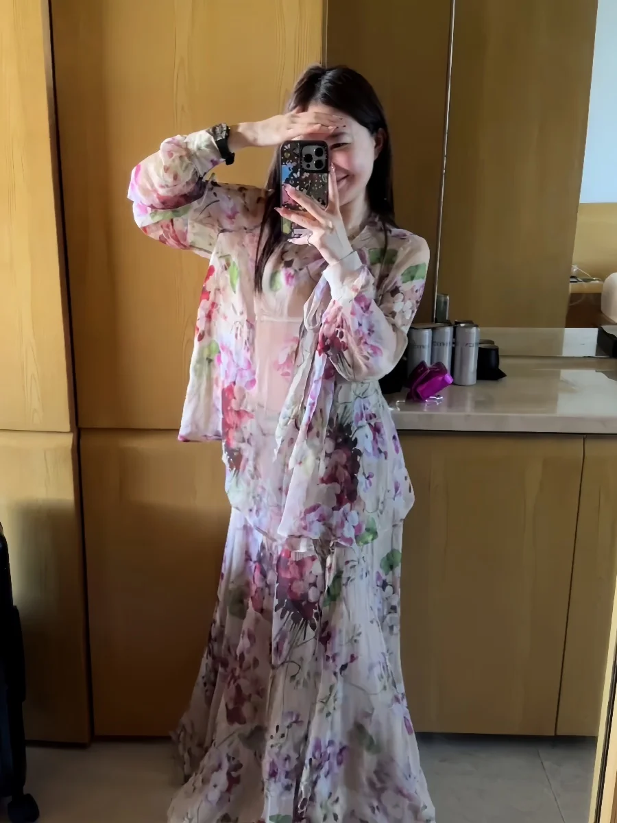 

plus Size Summer New Gentle Drifting Thin Floral Long Sve irt plus Size Set Casual High Waist A-Line Skirt Commute Sle