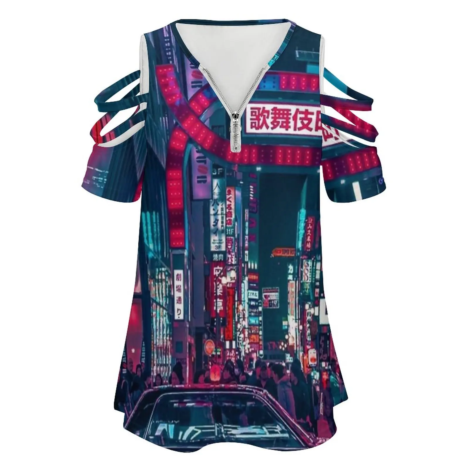 Tokyo Street Women's T-Shirt New Fashion Printed Zipper V-Neck Short Sleeve T Shirts Casual Plus Size Japan Tokyo Alley Future