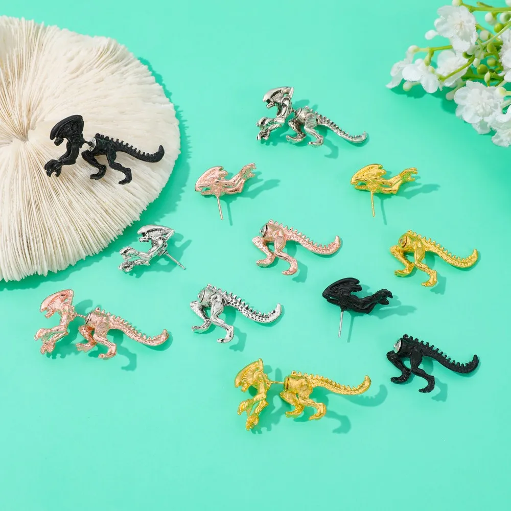 Gothic Punk Alien Dinosaur Ear Studs Hip-Hop Style Creative Design Earrings for Men and Women Jewelry Accessory Gift