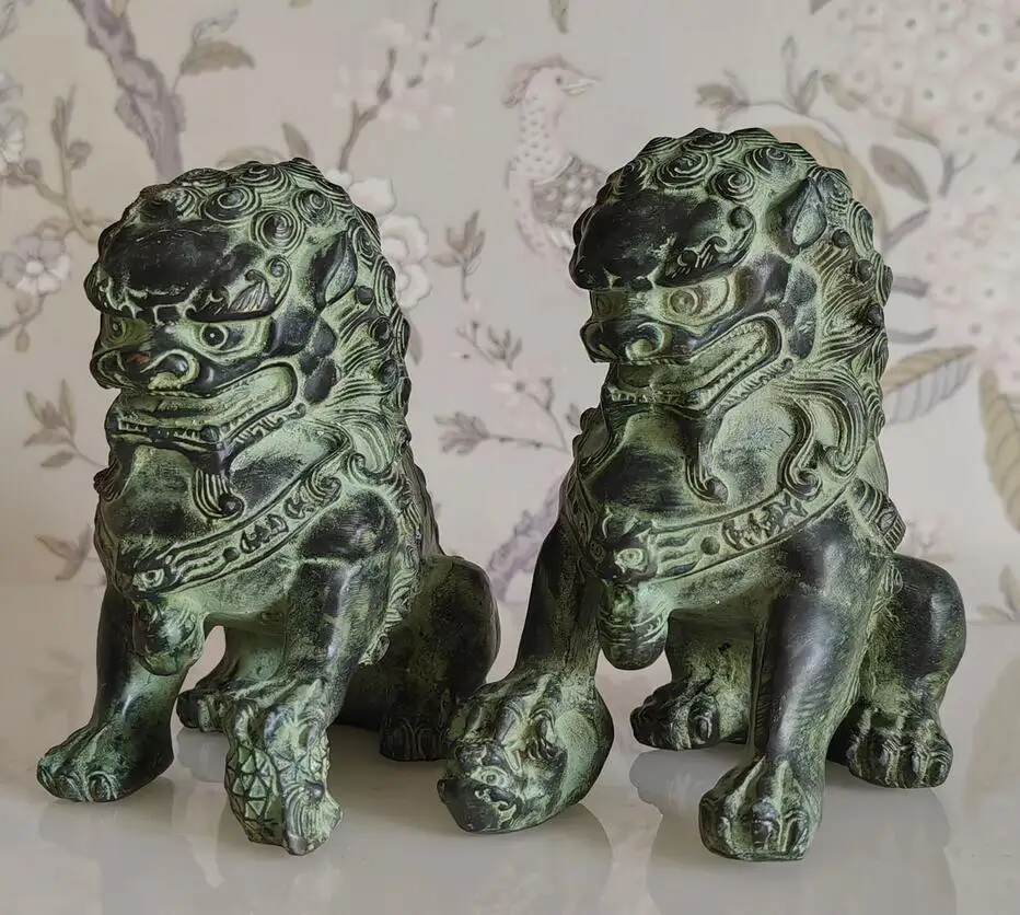 16cm Antique Bronze Animals FengShui Foo Fu Dogs Wealth Lions Head Ball Statues