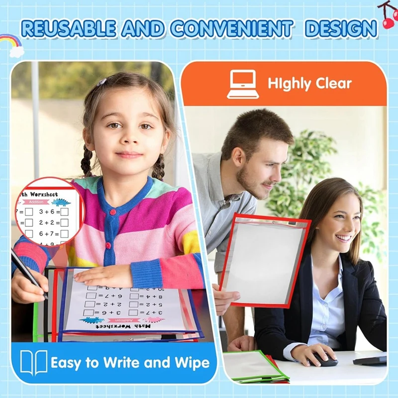 28Piece Work Note Holder Dry Erase Pocket Sleeves For Teacher Office Organization E