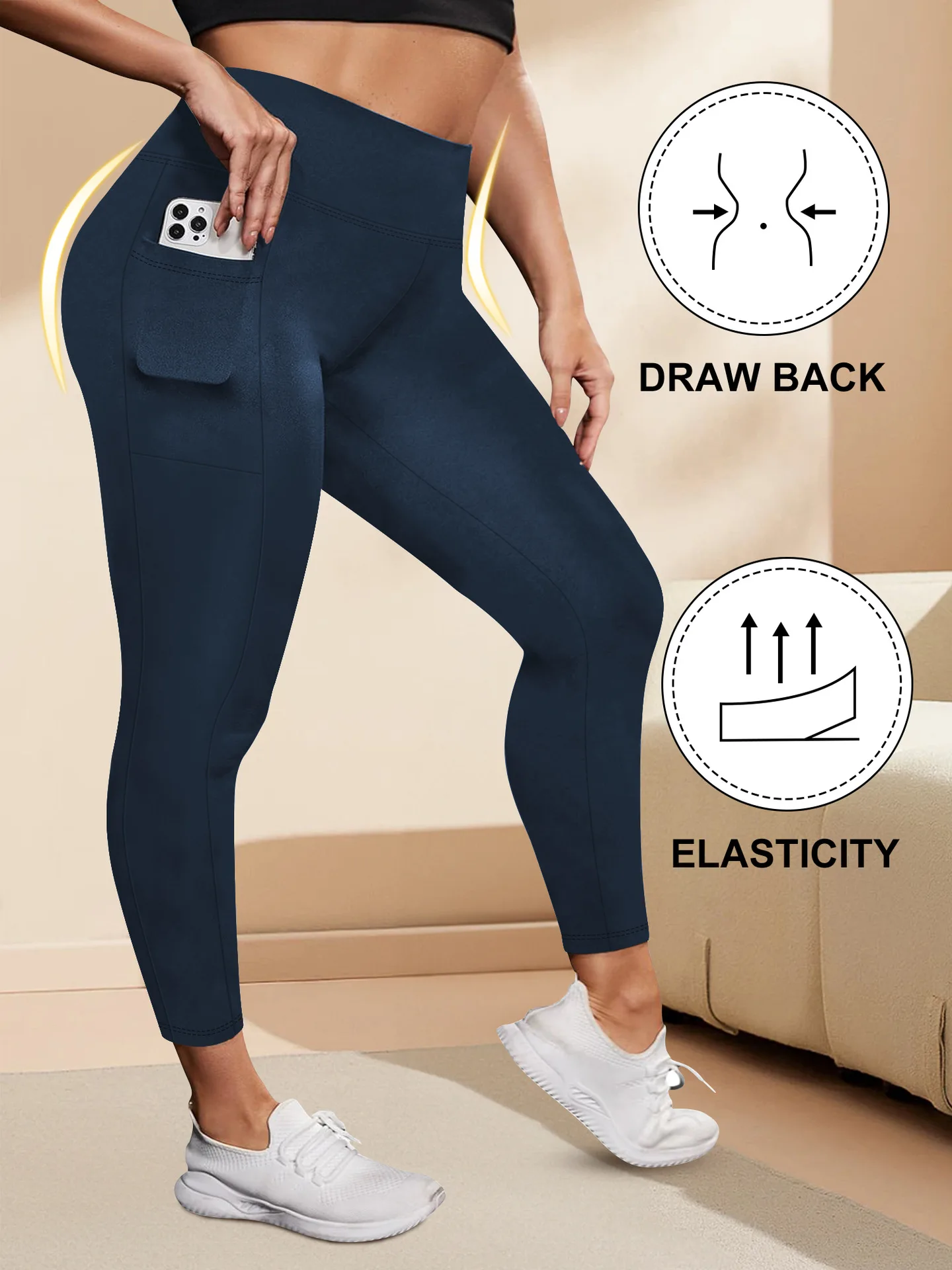 Damen-Yogahose mit hoher Taille, Übergröße, Po-Lifting-Workout-Leggings mit Taschen, elastische Activewear für Fitnessstudio und Laufen – Detail 7