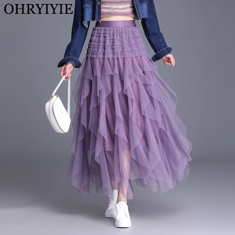 OHRYIYIE Irregular Floor-Length Tulle Skirt Women Elastic High Waist Ruffles Cake Skirt Lady Long Tutu Skirt Party Clothes Femme