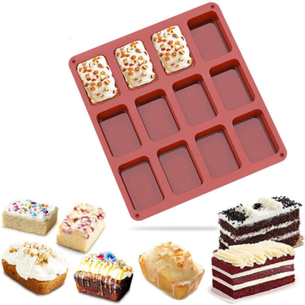 12 Cavities Brownie Bread Pan Cake Mold Non-Stick Silicone Mini Loaf Baking Tools Handmade Rectangle Chocolate Mousse Mould