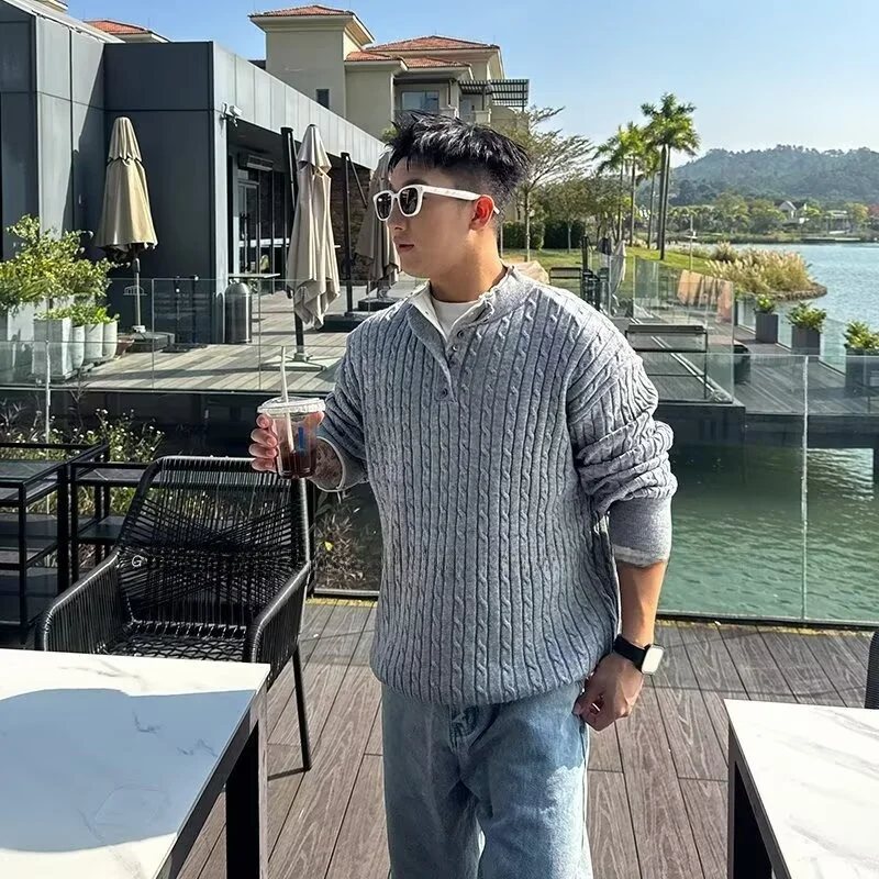 

Вязаный свитер в американском стиле ретро, мужской модный брендовый искусственный двухсекционный трикотаж с воротником Генри, базовый слой