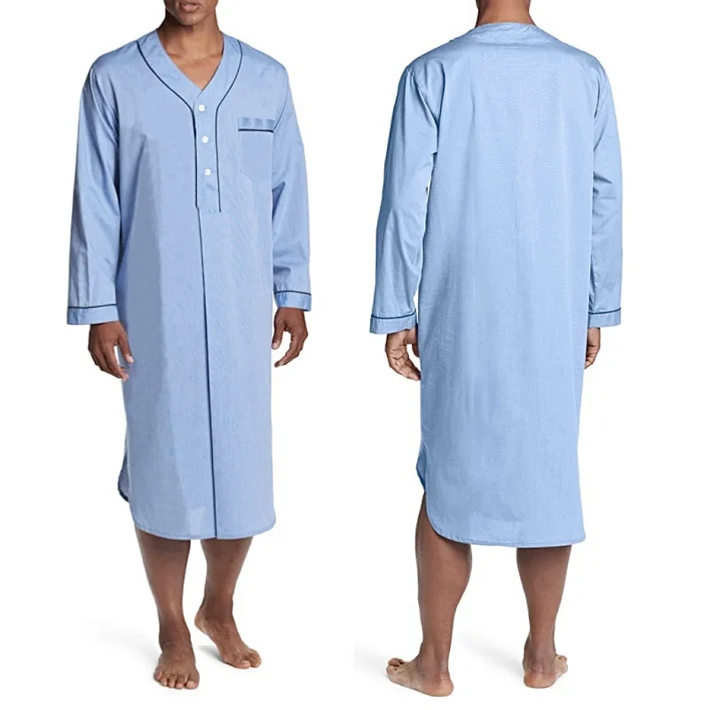 Neue männer Pyjamas Casual Langarm V-ausschnitt Pyjamas Mode Lose Fit Einfarbig Hohe Qualität Nachthemd Komfortable Homewear – Detail 3