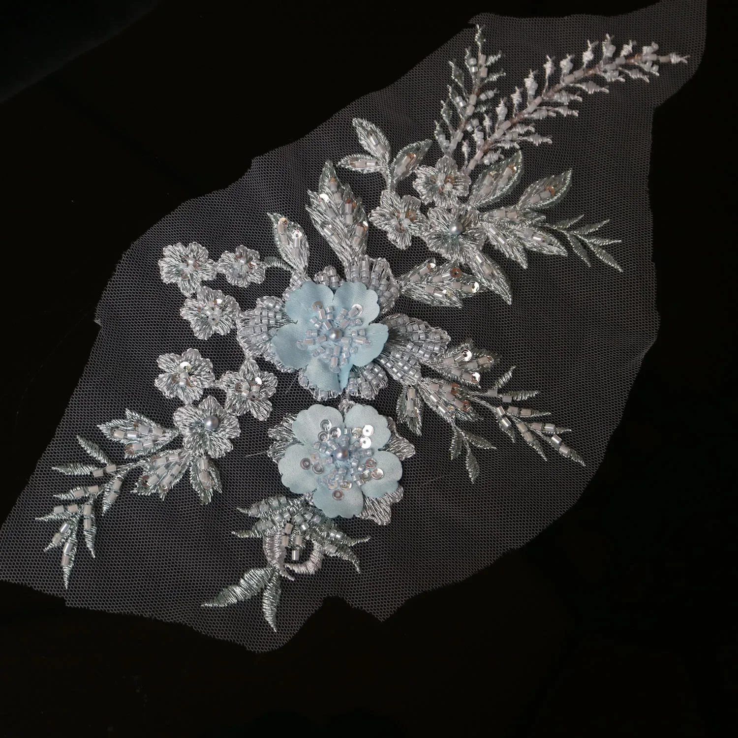 Fashion Elegant Beads Embroidery Flower Lace Appliques for Wedding Dress Blue Embroidered Floral Patches Clothes Big Parches