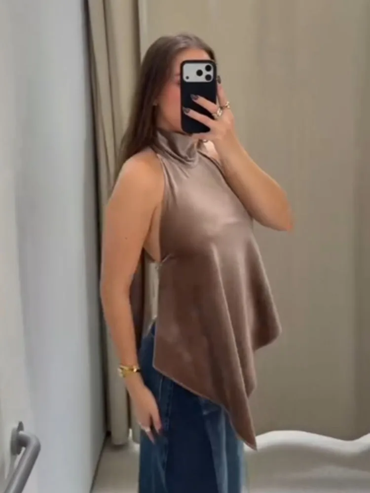 HH Women Winter Fashion Silk Satin Texture Asymmetric Halter Neck Solid Top Female Sexy Backless Slim Bow Decorated Short Top